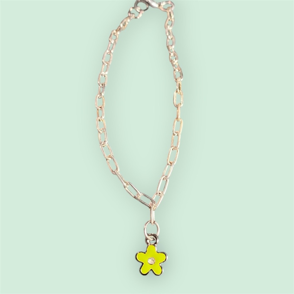Handmade Silver & Lime Green Flower Charm Chain Clasp Bracelet